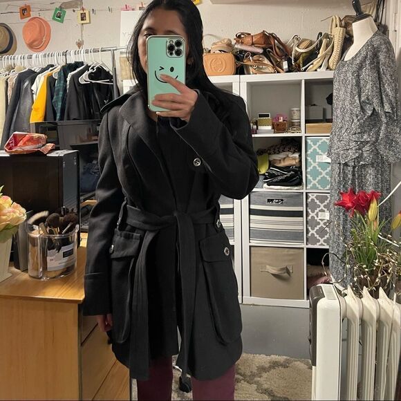 Zara basic belted black coat - Picture 9 of 11